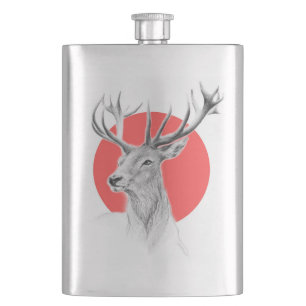 Flasque Tête de cerf Dessin de cerf Cercle rouge Art anima