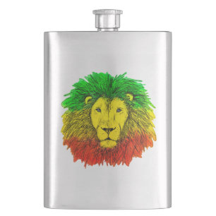 Flasque Tête de lion rasta rouge jaune vert dessin Jamaïqu