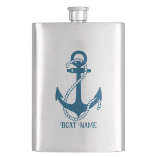 Flasque Texte personnalisé de l'ancre du bateau bleu