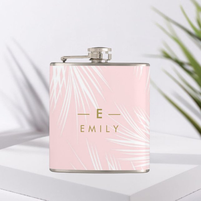 Flasque Tropical Pink, Cadeau Demoiselle d'honneur (Flasque personnalisée demoiselle d'honneur, motif feuilles tropicales et prénom)