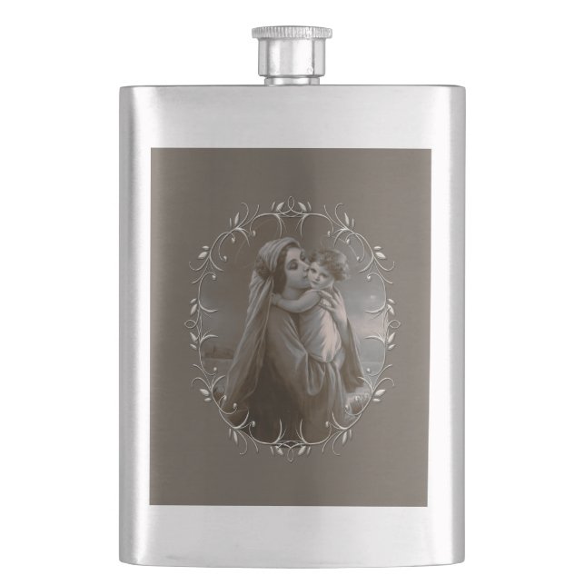 Flasque Vierge vintage et enfant avec cadre argenté (devant)