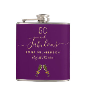 Flasques 50 fabuleux anniversaire violet or script monogram