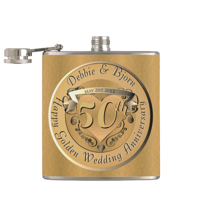 Flasques 50e anniversaire du Mariage Emblème du coeur doré (Ouvert)