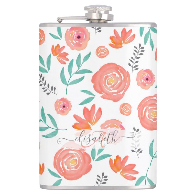 Flasques Ajouter le nom + le motif floral d'aquarelle de co (Devant)
