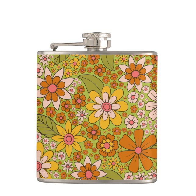 Flasques Années 1960, 1970 Vert & Orange Retro Floral (Devant)