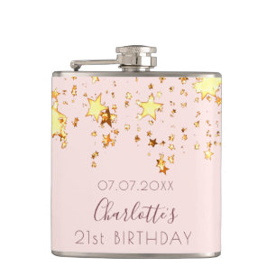 Flasques Anniversaire rose or blush étoiles nom