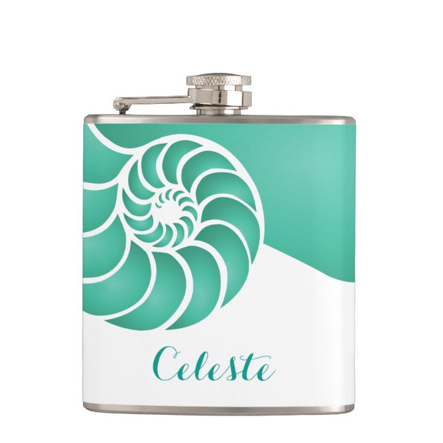 Flasques Aqua Nautilus Shell avec monogramme personnalisé (Devant)