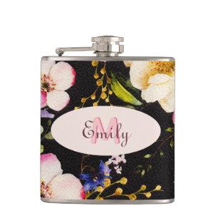 Flasques Aquarelle rose Roses jaunes sur noir, Monogramme