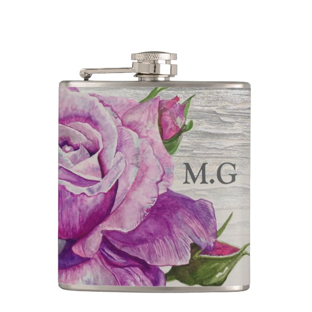 Flasques Aquarelle rustique violet Rose Monogramme bois (Devant)