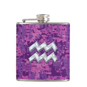 Flasques Aquarius Zodiac Sign on fuchsia digital camouflage