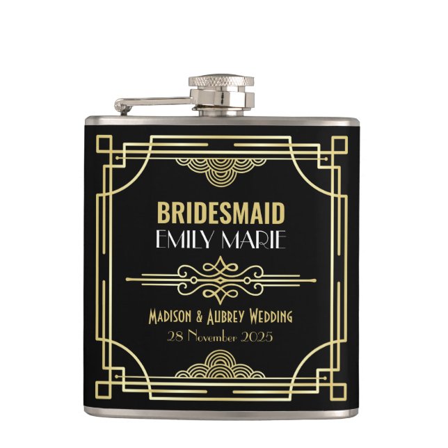 Flasques Art Déco Mariage Bridesmaid Gold Black Favor année (Devant)