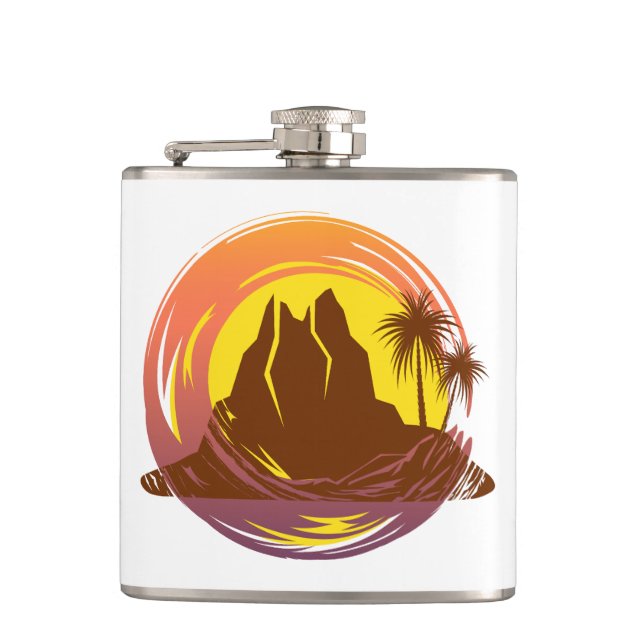 Flasques Badge avec paysage volcanique tropical et palmiers (Devant)