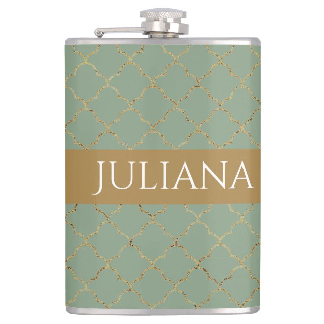 Flasques Basil Green Gold Quatrefoil Personnalisé (Devant)