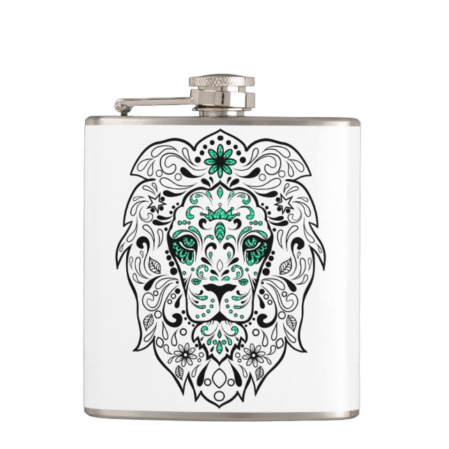 Flasques Blanc noir et vert Parties scintillant Lion Crâne  (Devant)