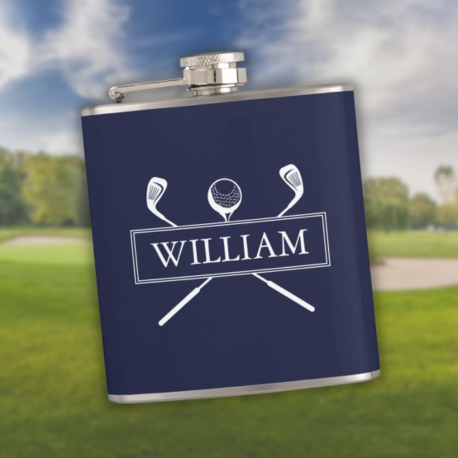 Flasques Bleu Marine Nom Personnalisé Clubs Et Bal (Navy Blue Personalized Name Clubs And Ball Flask)