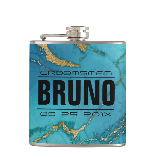 Flasques Bleu & Or Marbre Pierre Groomsman Cadeau (Devant)