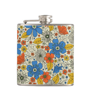 Flasques Bleu rétro, Jaune & Orange Floral