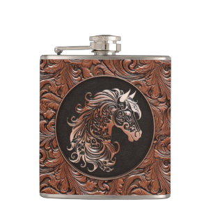 Flasques Brown cowgirl floral à outils cuir tête de cheval