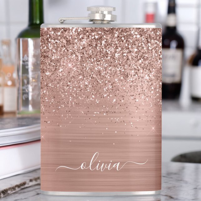 Flasques Brushed metal rose Gold Pink Glitter Monogram (Créateur téléchargé)