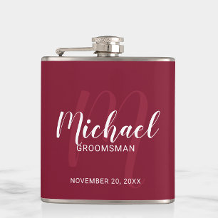 Flasques Burgundy Rouge moderne Script Personnalisé Groomsm