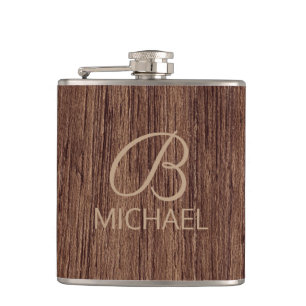 Flasques Cadeau de monogramme à grain de bois rustique pour