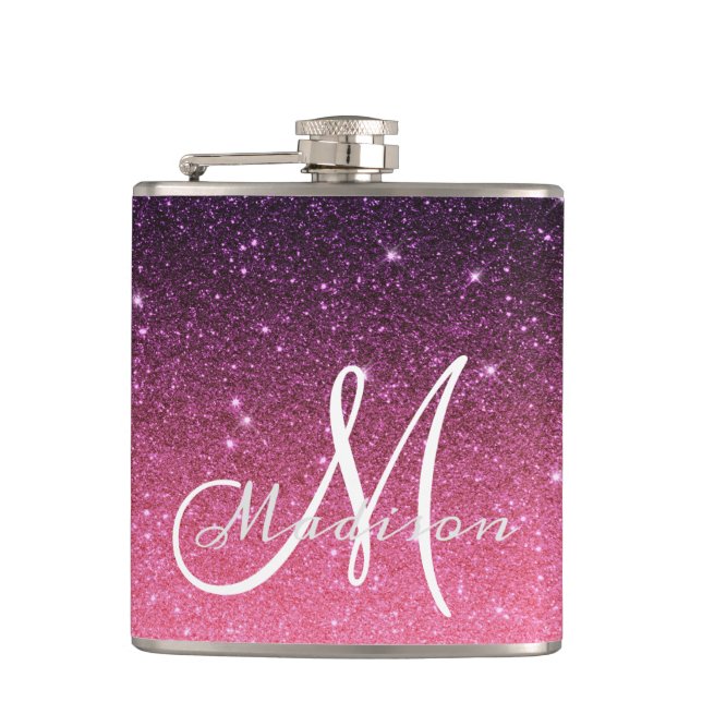 Flasques Cadeau Pailleté Rose Violet Ombre Monogramme (Devant)