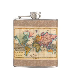 Flasques Carte du Monde 1780 Bonne Antique Planisphère