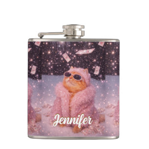 Flasques Chat Glam Money en manteau de fourrure rose et lun