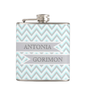 Flasques chevron gris moderne, aqua mariage personnalisé