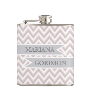 Flasques chevron moderne gris, mariage rose personnalisé
