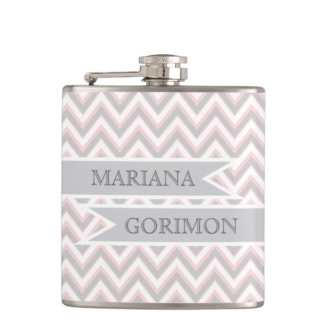 Flasques chevron moderne gris, mariage rose personnalisé (Devant)