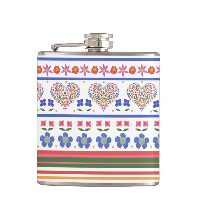 Flasques Chic Folk Art Floral Coeurs Bordure : Hip Flask (Devant)