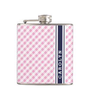 Flasques chic preppy rose marine en vichy motif monogramme