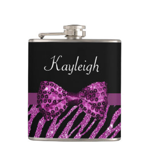 Flasques Chic Purple Zebra Print FAUX Glitz Bow avec nom