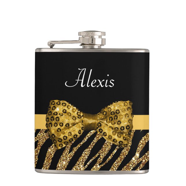 Flasques Classy Gold Zebra Print FAUX Glitz Bow avec nom (Devant)