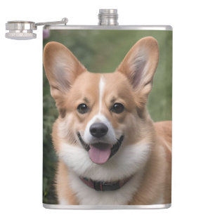 Flasques "Compagnie de charme : Un Corgi dans un jardin ros