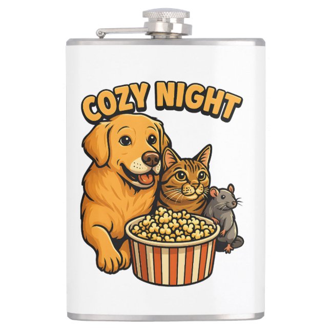 Flasques Cozy Night Movie Time – Cute Dog,Cat,Mouse Popcorn (Devant)