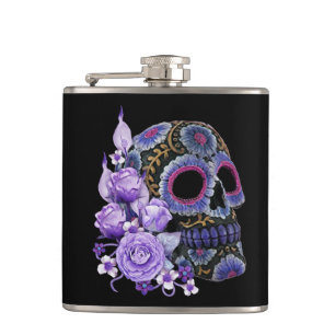 Flasques Crâne de sucre noir violet Floral Jour des morts