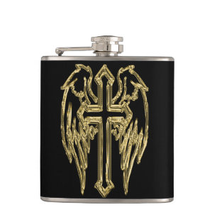 Flasques Croix catholique d'or avec des ailes