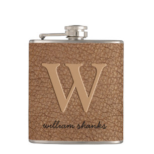 Flasques Cuir brun rustique noir or chic nom monogramme