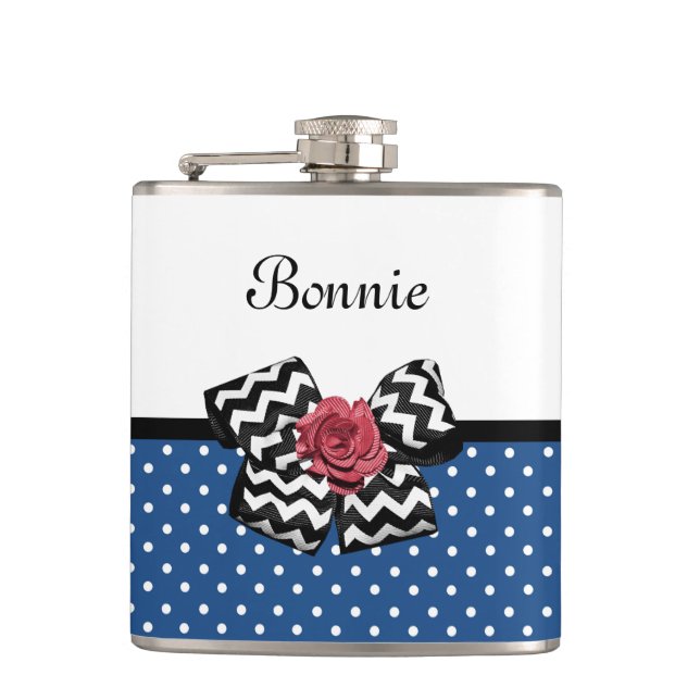 Flasques Cute Bleu Pois Rouge Rose Chevron Bow et nom (Devant)