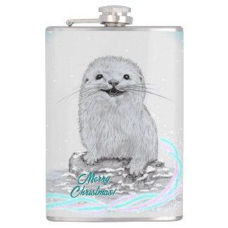 Flasques Cute White Baby Sea Otter , Merry Christmas