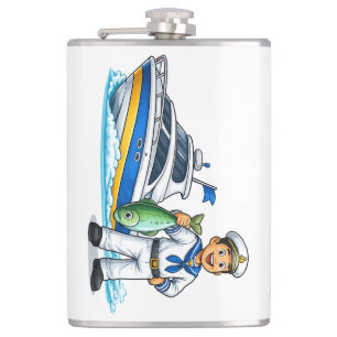 Flasques Dessin animé de marin avec yacht et poisson Art na