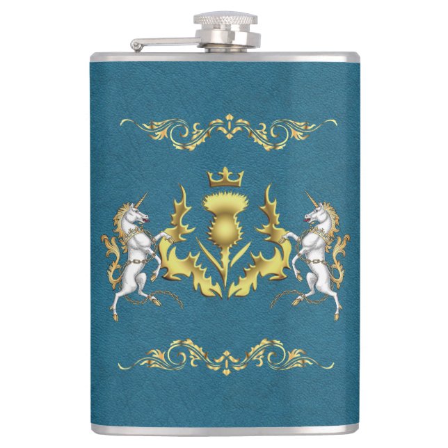 Flasques Ecosse Personnalisé Gold Thistle bleu (Devant)
