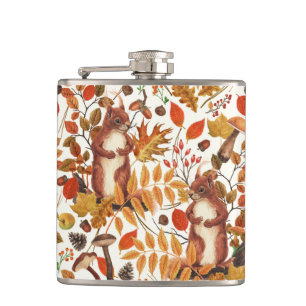 Flasques Écureuils d'automne et flore automnale sur le blan