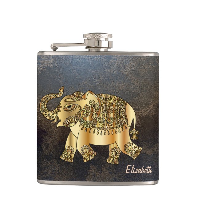 Flasques Elégant Eléphant Chic Or Floral, look Cuir (Devant)