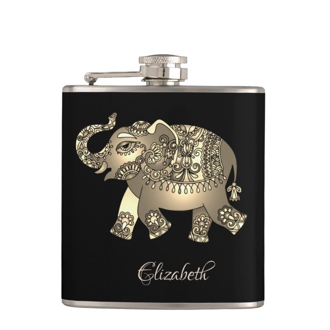 Flasques Elégant Eléphant Or Floral, Noir- Personnalisé (Devant)