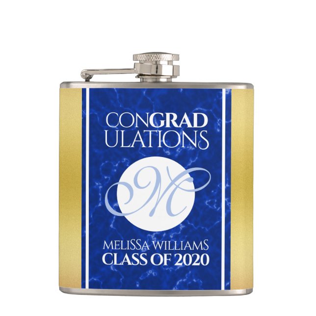 Flasques Élégant Graduation Monogramme Bleu Marbre Or Huile (Devant)