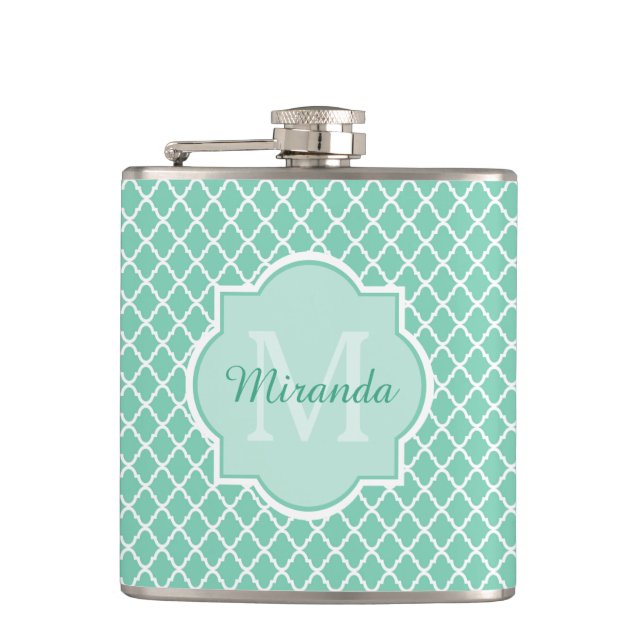 Flasques Élégant Monogramme De Quatrefoil Vert Mint Avec No (Devant)