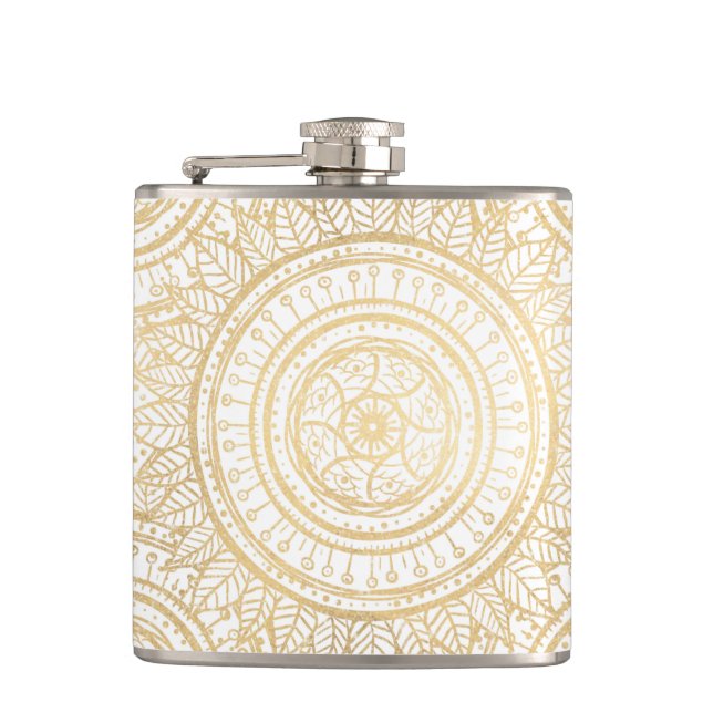Flasques Élégant Motif blanc de tournesol Mandala Gold (Devant)